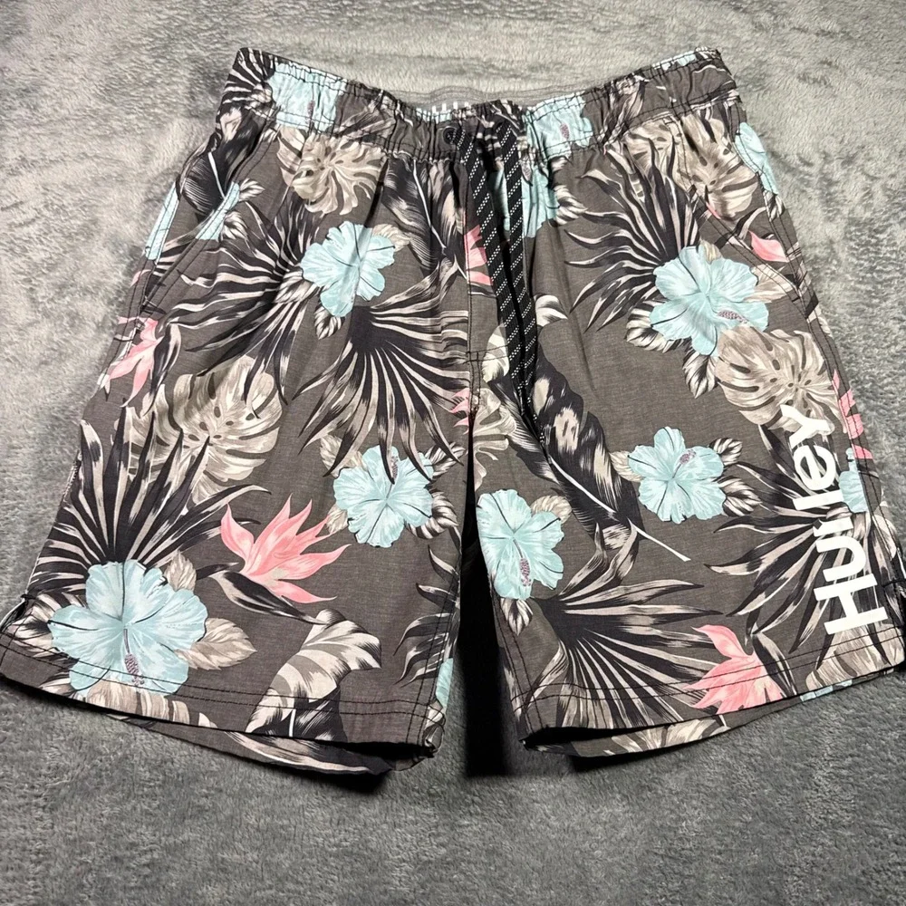 Hurley Mens Tropical Floral Board Shorts Gray Blue Pink Medium Swim Trunks